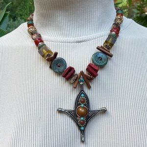 Treska Boho Earth Tone Stylized Cross Natural Bead necklace 18" Made in USA!